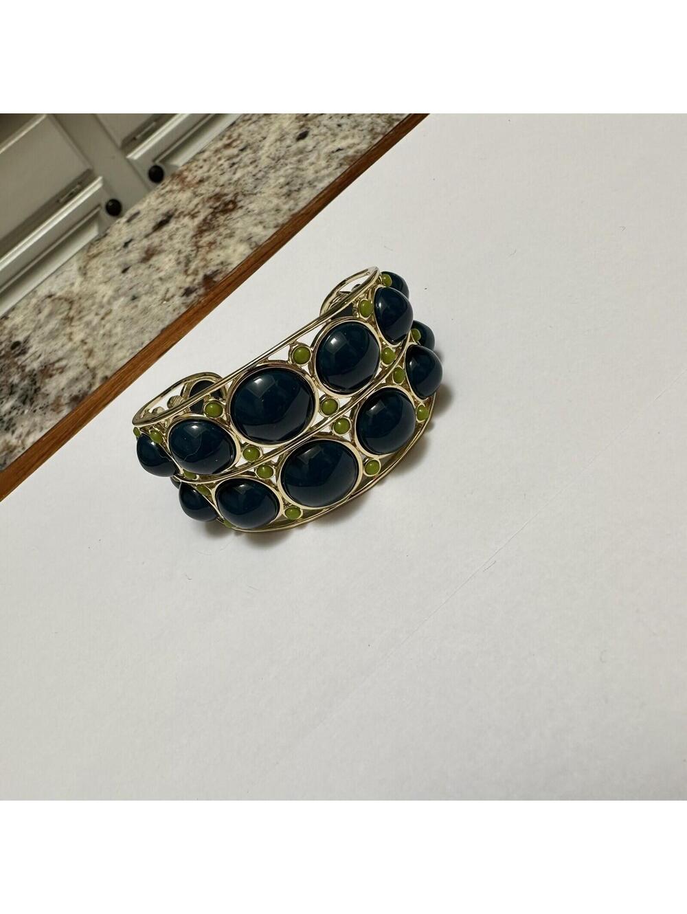 Signed Jewelmint Gold Tone Blue / Green Costume Bangle Cuff Bracelet